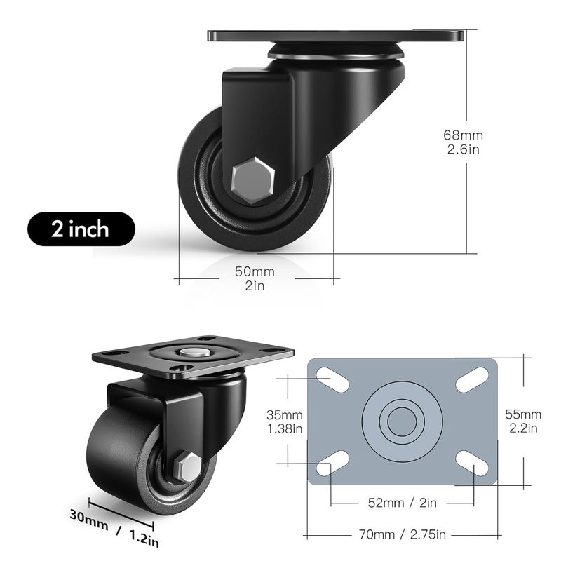 ANDUTEES 2 Inch Caster Wheels Set of 4, Heavy Duty Casters Load 2200lbs, Low Gravity Centere Industrial Swivel Casters, Plat Caster for Furniture and Workbench - Image 2